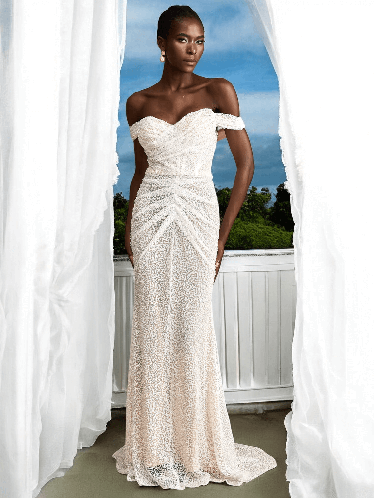 White Lira Sequin Draped Maxi Dress with sparkling details for luxury weddings and formal events.
