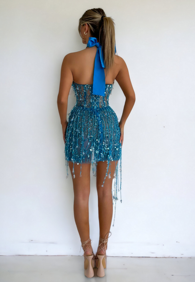 Strapless Sequin Tassel Design Mini Dress With Flower Choker