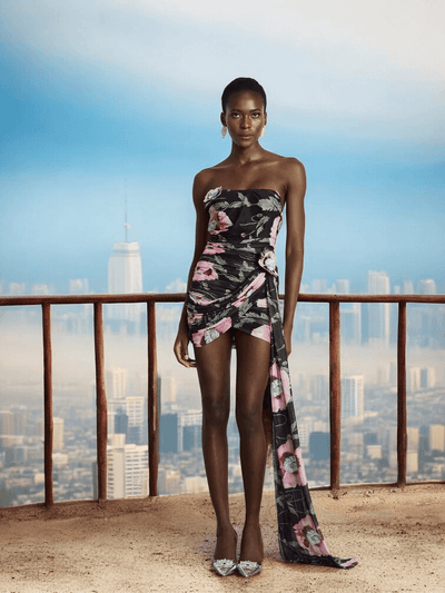 Strapless Floral Mini Dress with Draped Detail