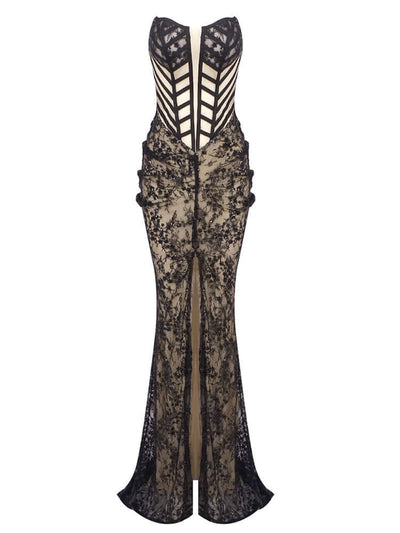 Elegant Strapless Black Sequin Lace Mermaid Dress with shimmering sequins and lace details