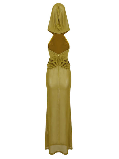 Transparent Mesh Hat Design Backless Long Ginger Dress