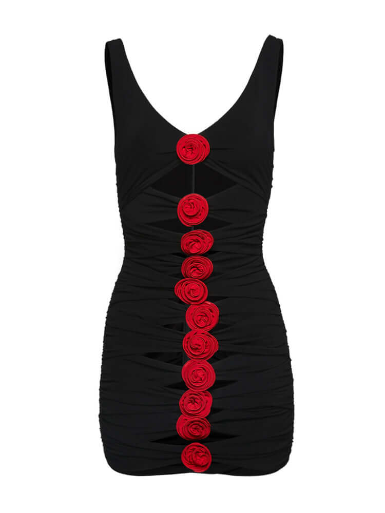 Image of a Cutout Red 3D Flowers Mini Dress
