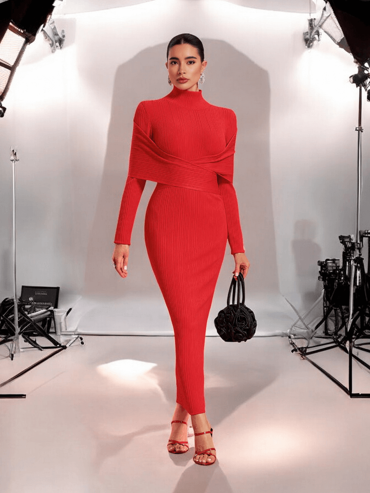 Red Nancy Long Sleeve Turtle Neck Maxi Dress, perfect for weddings, parties, and special occasions.