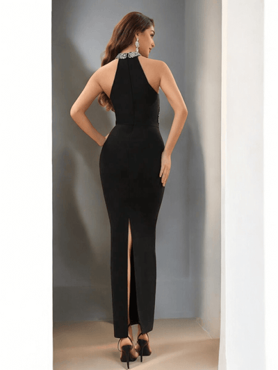Black bandage ball gown with rhinestone mesh overlay, sleeveless sweetheart neckline, for evening events