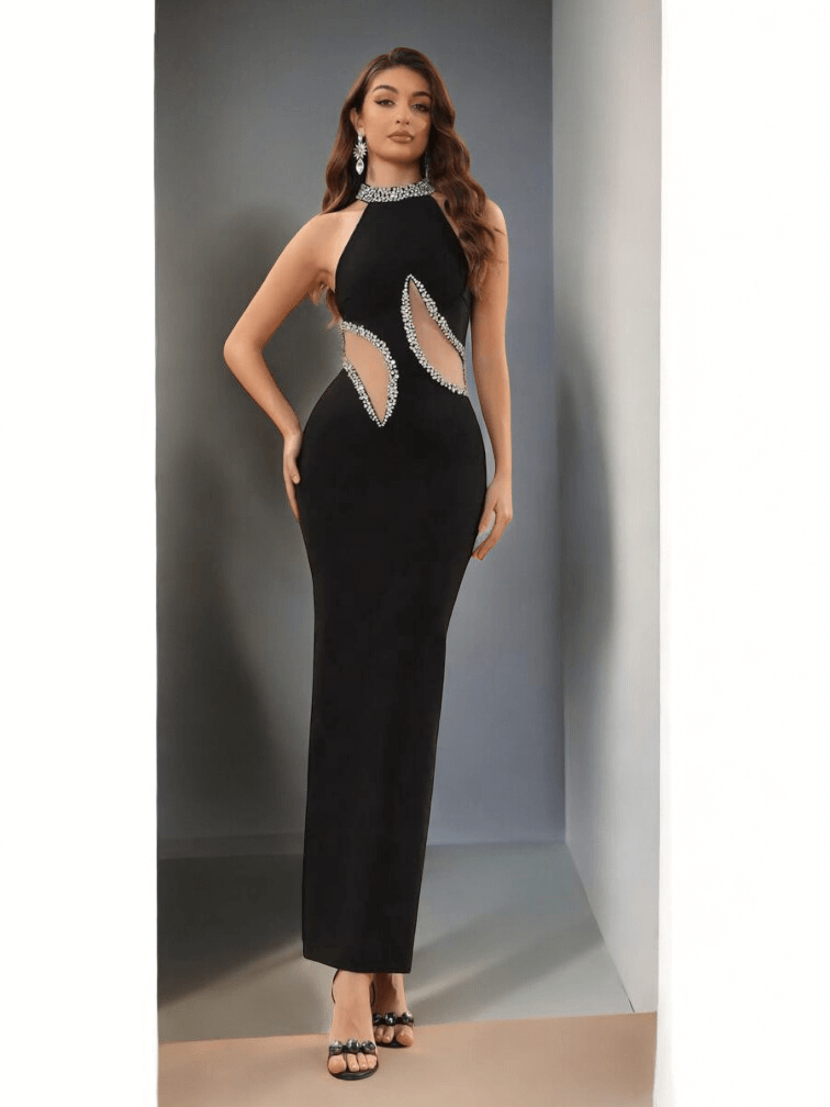 Black bandage ball gown with rhinestone mesh overlay, sleeveless sweetheart neckline, for evening events
