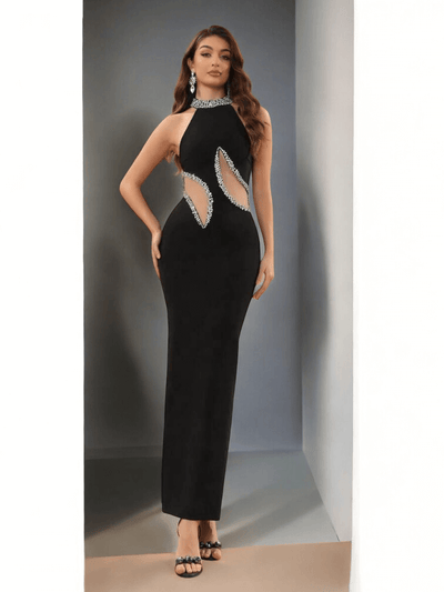 Black bandage ball gown with rhinestone mesh overlay, sleeveless sweetheart neckline, for evening events