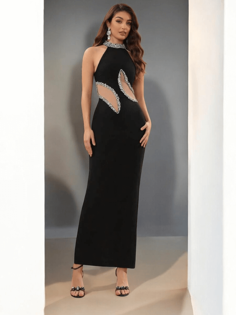 Black bandage ball gown with rhinestone mesh overlay, sleeveless sweetheart neckline, for evening events
