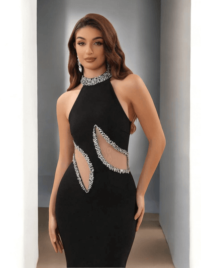 Black bandage ball gown with rhinestone mesh overlay, sleeveless sweetheart neckline, for evening events
