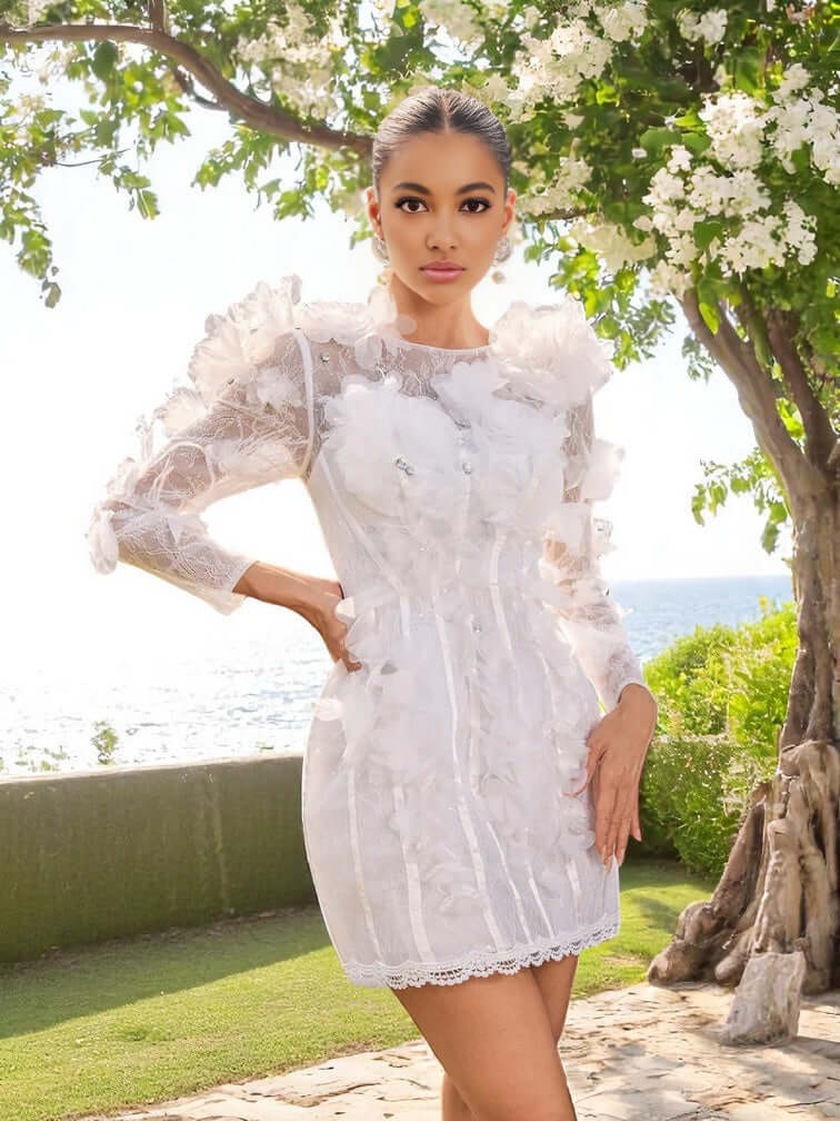 white lace mini dress with long sleeves close-up