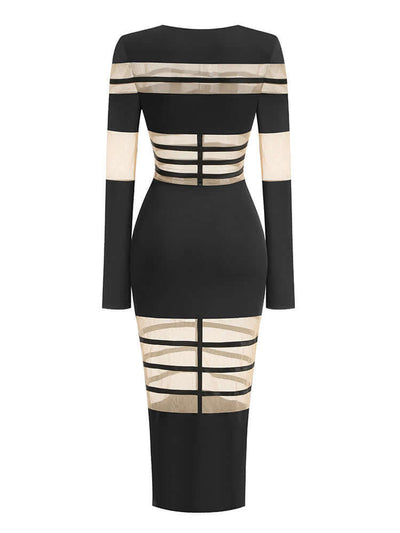 Long Sleeve Mesh Insert Midi Dress in Black with stylish long sleeves, trendy mesh inserts, and a flattering silhouette