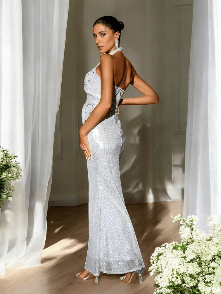 Shining Sequins Halter Neck Maxi Dress, glamorous sequin evening gown with halter neckline