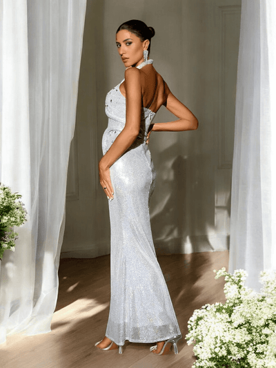 Shining Sequins Halter Neck Maxi Dress, glamorous sequin evening gown with halter neckline
