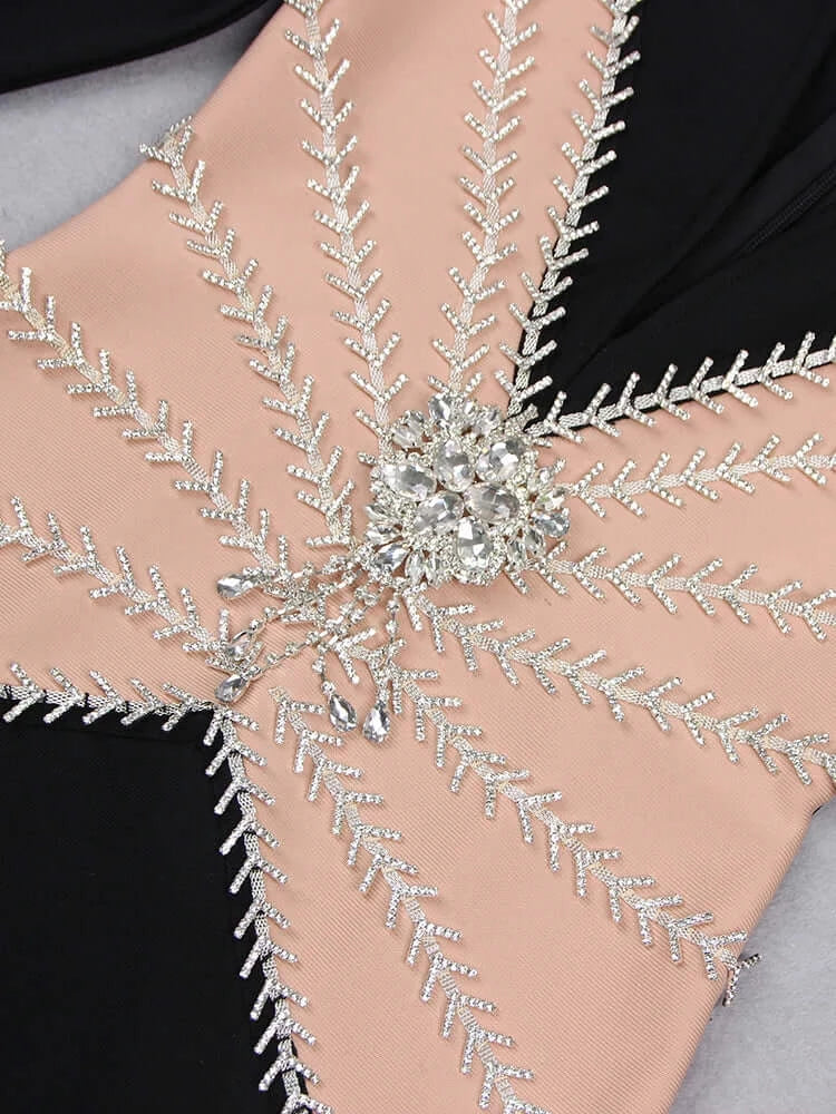 Deep V-Neck Long Sleeve Crystal Design Mini Dress