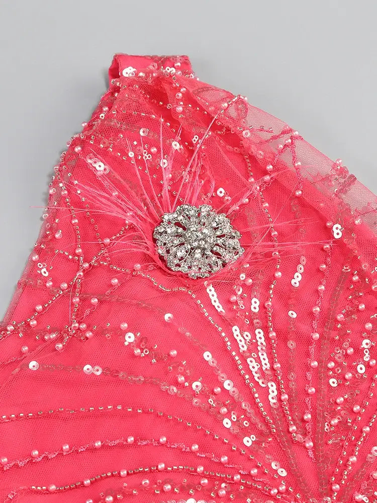 Sparkling Pink Maxi Dress with Rhinestone Detailing and One Shoulder Design