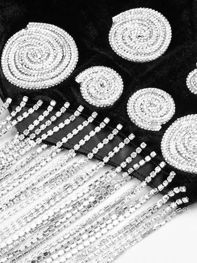 Long Sleeve Velvet Dress with Spiral Crystal Fringe Detail
