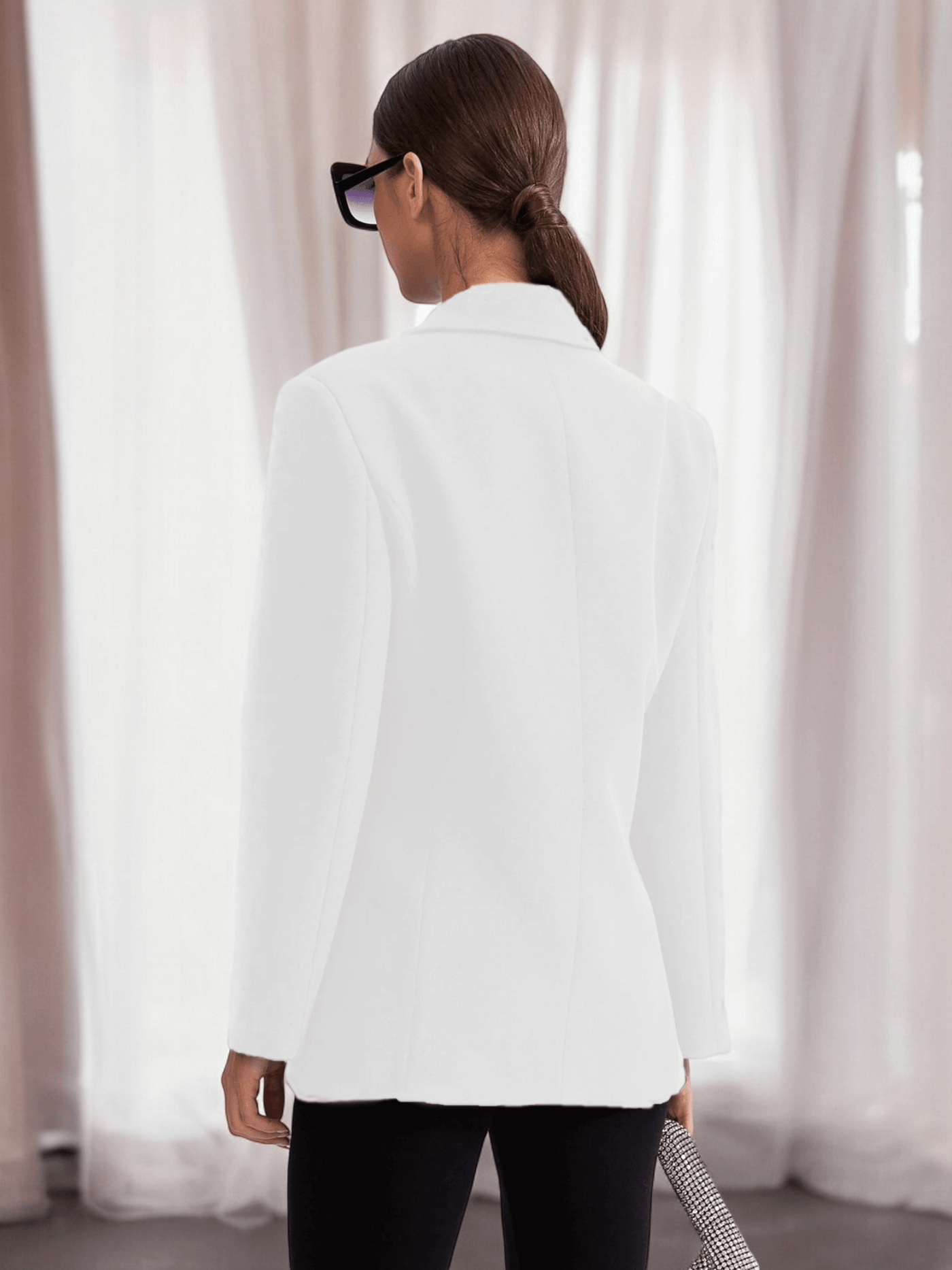 Woman Wearing Long Sleeve Floral Detail Blazer White from Back View