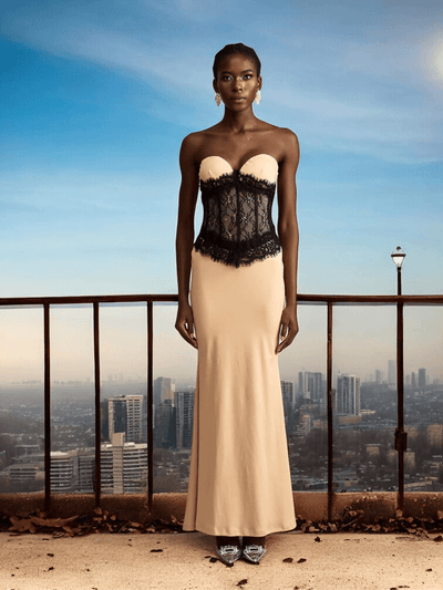 Vale Strapless Mermaid Dress with lace details for weddings and formal events.