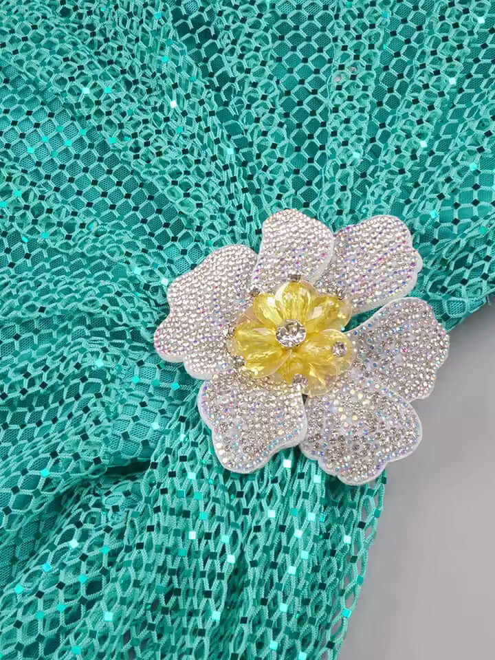 Green Teal Strapless Dress with Pearls and Glitter