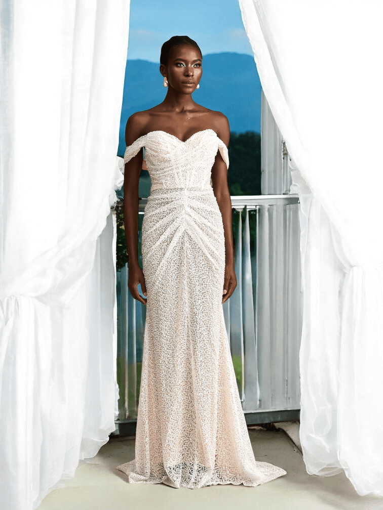White Lira Sequin Draped Maxi Dress with sparkling details for luxury weddings and formal events.