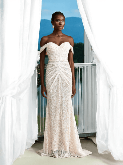 White Lira Sequin Draped Maxi Dress with sparkling details for luxury weddings and formal events.