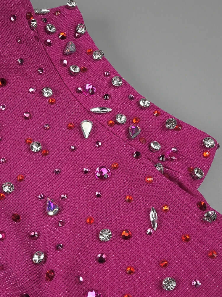 Long Sleeve Crystal Corset Draped Maxi Dress Hot Pink