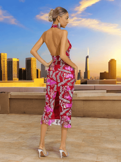 Backless design of Rasha sequin midi dress showing sexy back