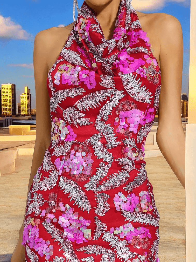 Sparkling pink sequin fabric detail on Rasha halterneck dress