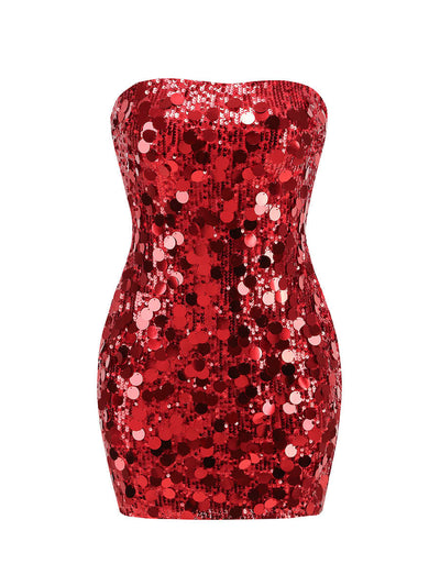 Red strapless dress with large sequin embellishments