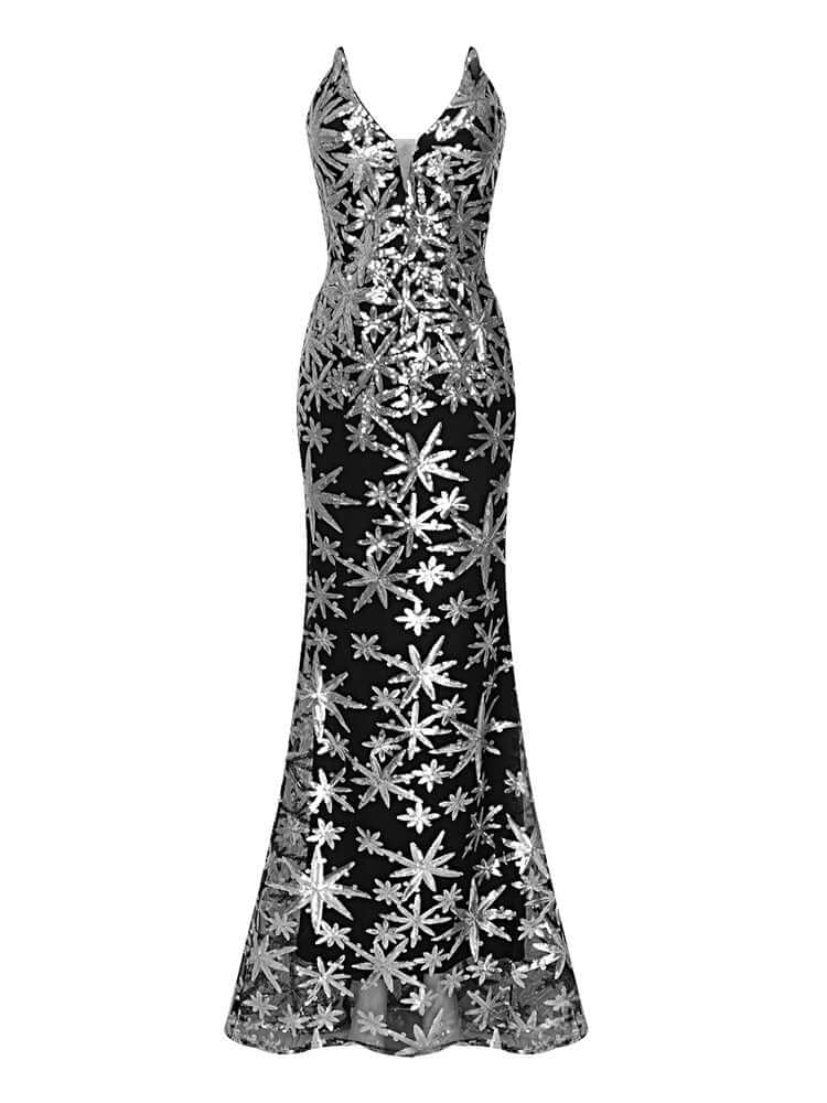 Elegant evening gown adorned with black and silver sequins for a sophisticated look