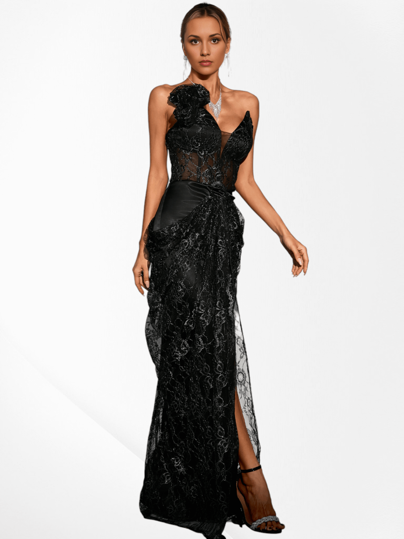 Strapless Floral Draped Lace Maxi Dress