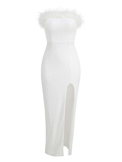 Wedding Guest Strapless Feather White Sequins Dress