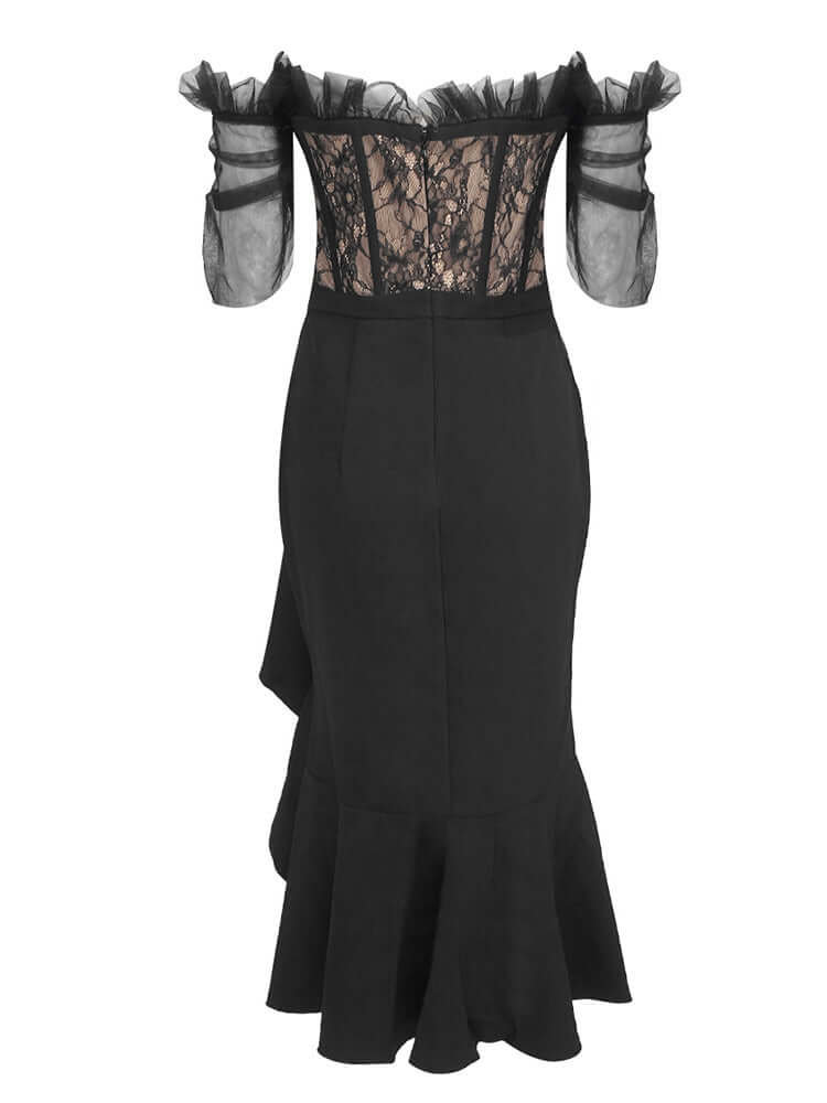 Off The Shoulder Ruffles Design Black Midi Dress
