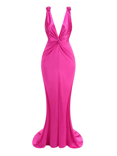 Plunge V Neck Draped Maxi Dress in Hot Pink, featuring a flattering design for special occasions and elegant events.