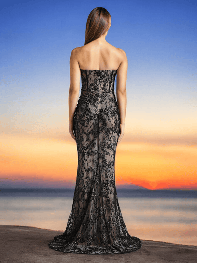 Elegant Strapless Black Sequin Lace Mermaid Dress with shimmering sequins and lace details