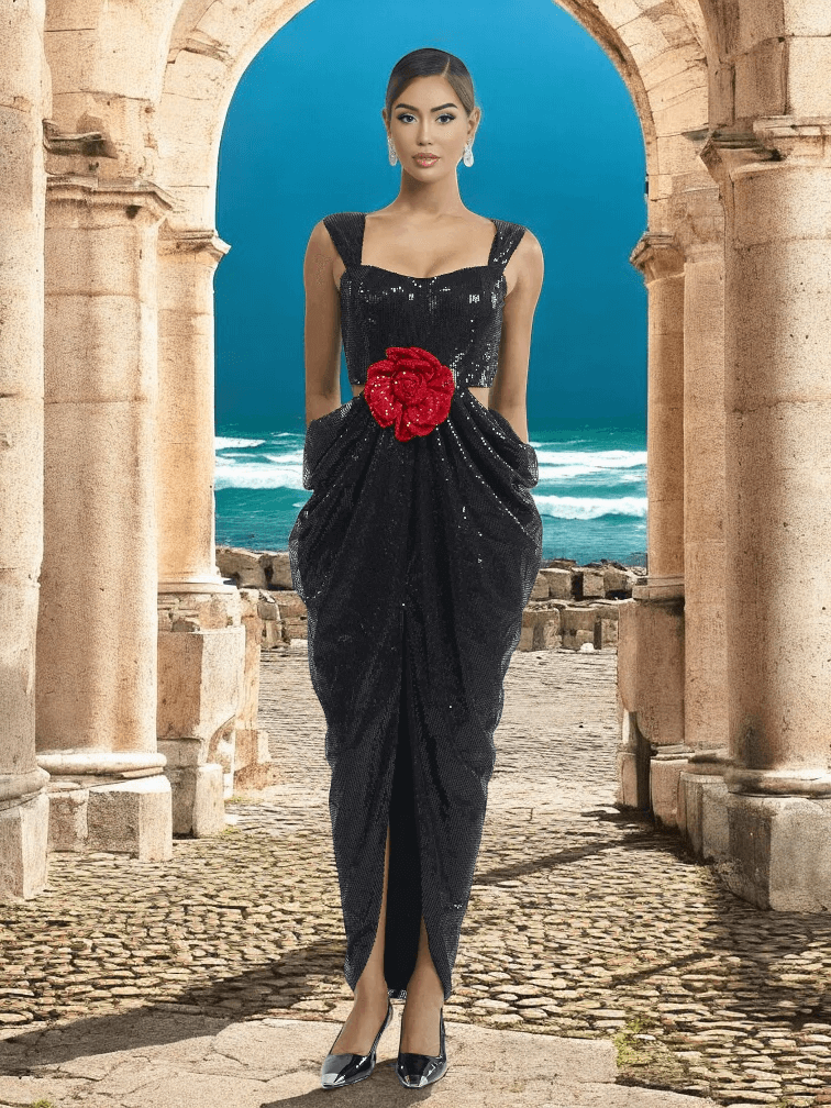 Cut Out Red Flower Black Sequin Maxi Dress