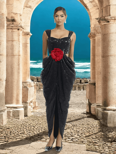 Cut Out Red Flower Black Sequin Maxi Dress