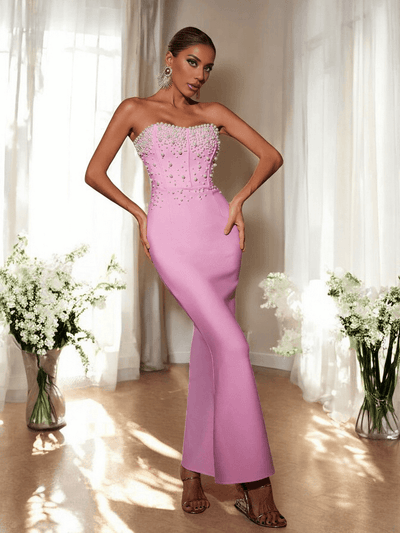 Elegant Pink Pearl Evening Gown