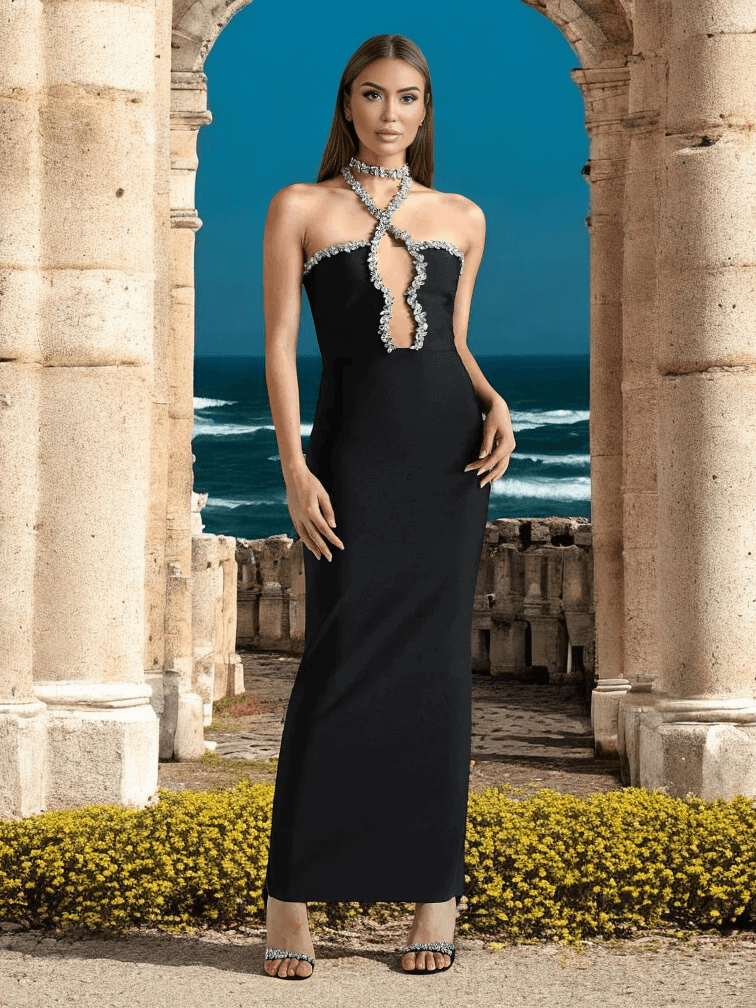 Black Seta Embellished Diamond Bandage Maxi Dress with sparkling details for weddings and formal events.
