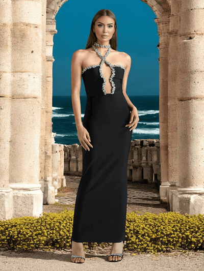 Black Seta Embellished Diamond Bandage Maxi Dress with sparkling details for weddings and formal events.