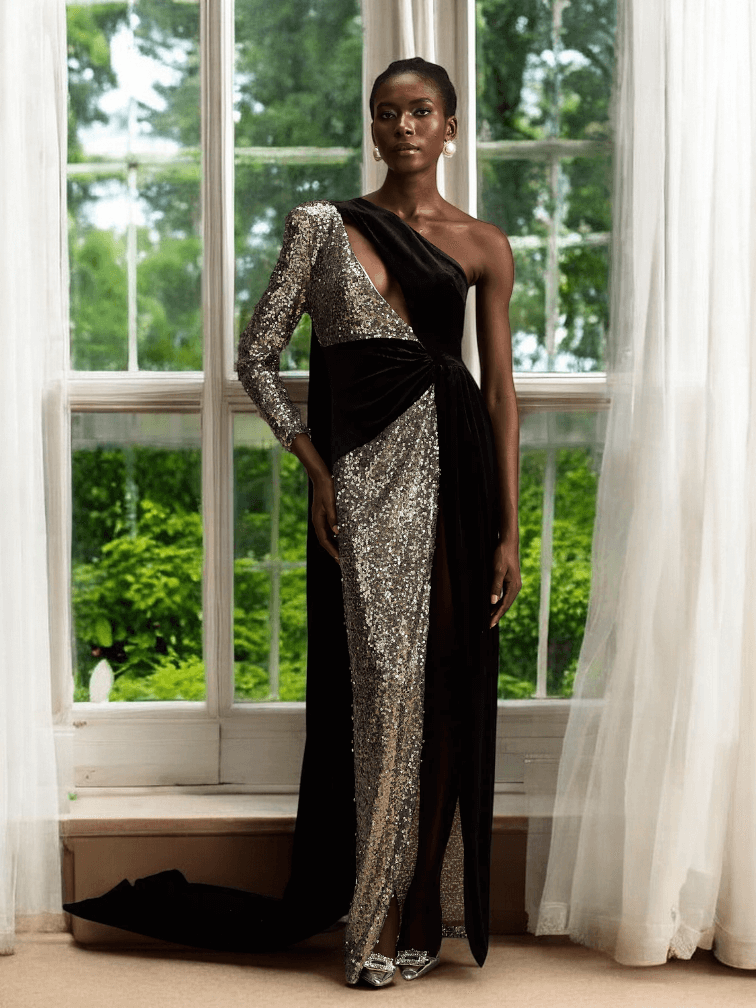 Zora long sleeve asymmetric maxi dress with sequins