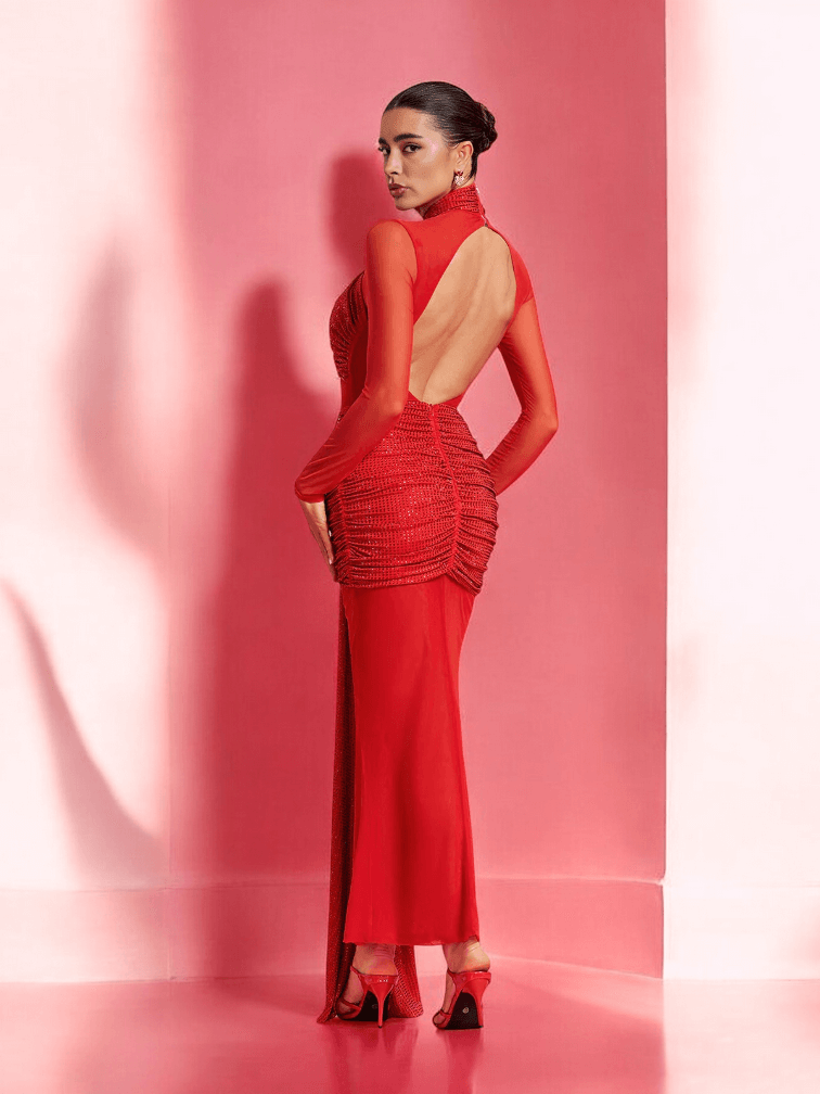 Dana Ruched Drape Open Back Dress in Red - elegant, sultry, draped design, open back