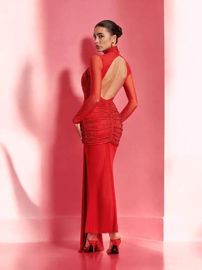 Dana Ruched Drape Open Back Dress in Red - elegant, sultry, draped design, open back
