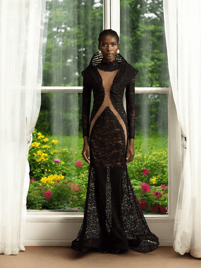 Tora mesh long-sleeve fishtail gown