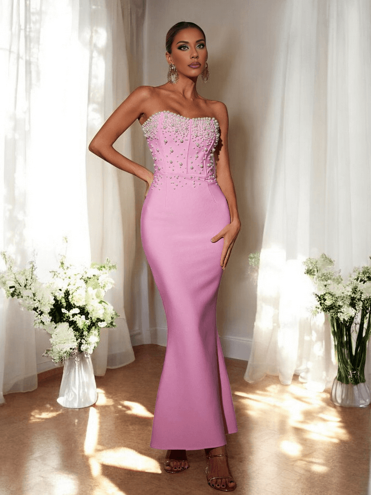Backless Strapless Pink Maxi Dress