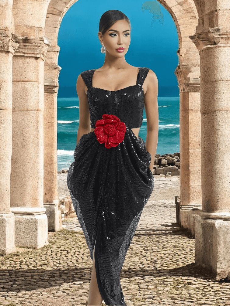 Cut Out Red Flower Black Sequin Maxi Dress