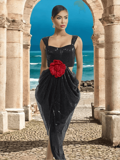Cut Out Red Flower Black Sequin Maxi Dress