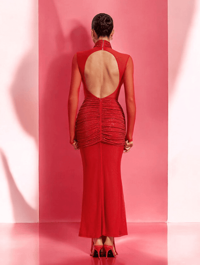 Dana Ruched Drape Open Back Dress in Red - elegant, sultry, draped design, open back