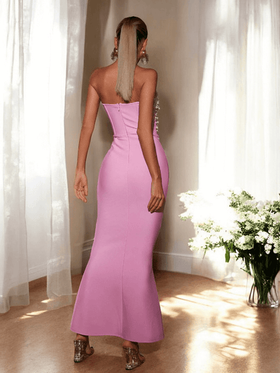 Strapless Pearl Detail Maxi Dress Pink, elegant evening gown with pearl embellishments