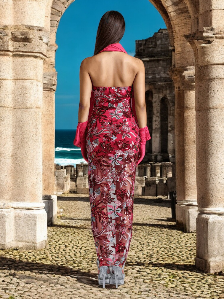Pink Manon Floral Design Maxi Dress with floral details for weddings and formal events.