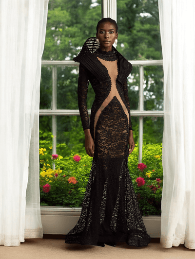 Tora mesh long-sleeve fishtail gown